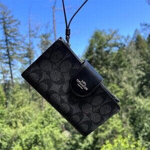 COACH Phone Wristlet Wallet Signature Canvas Blk/Gray Silver Hardware AUTHENTIC